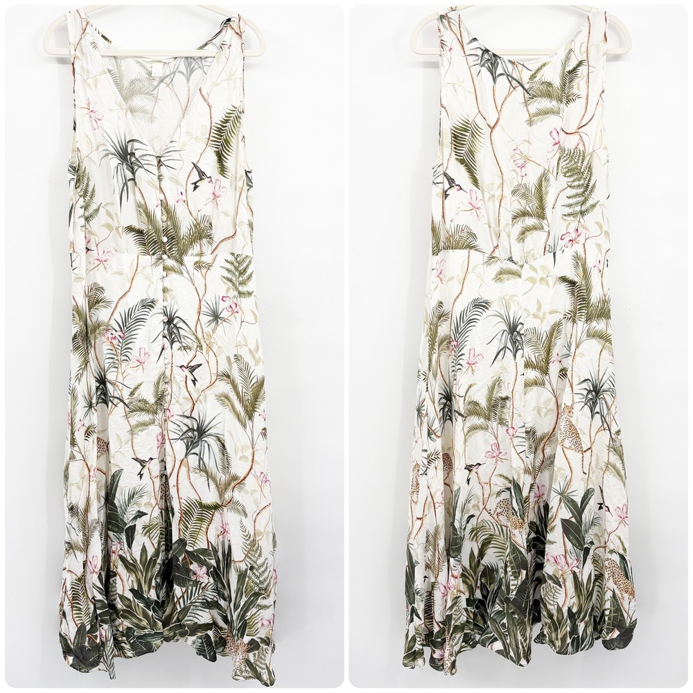 H&M Women‎ Tropical Resortwear Jungle Bird Leopard Print V-Neck Maxi Dress 14